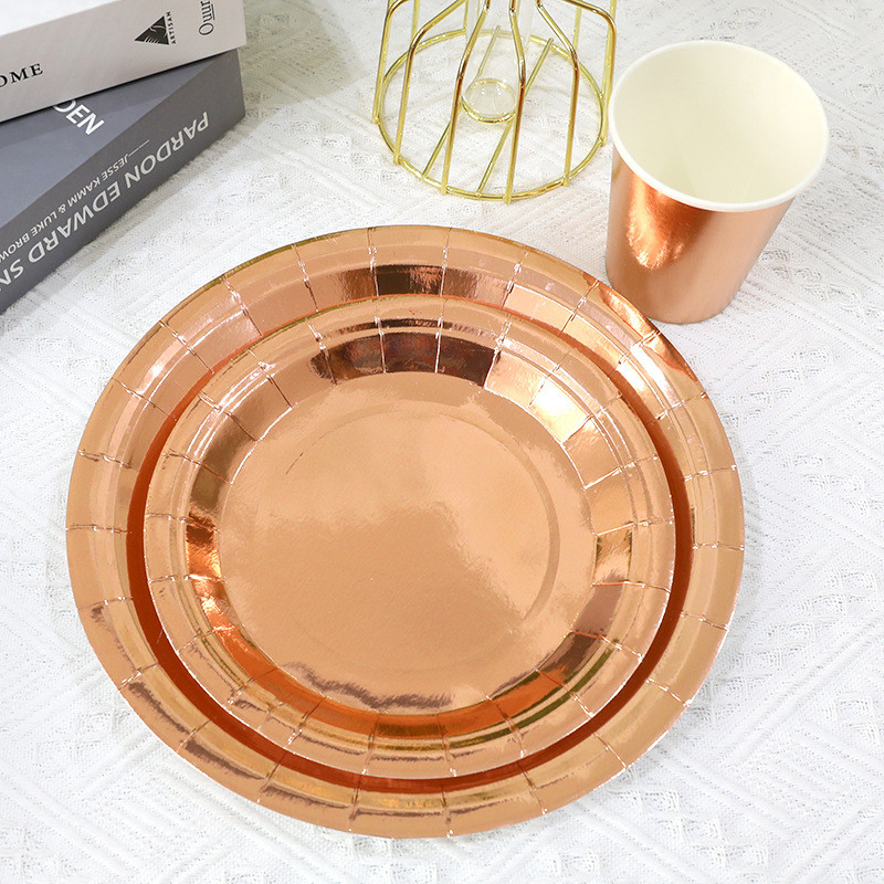 Set de 10 bucăți, auriu, argintiu, aur trandafir, set de veselă de unică folosință, farfurii din hârtie de culoare solidă, cești, pentru nuntă, pentru petrecerea de aniversare, Anul Nou 2023