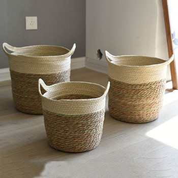 Ръчно плетена кошница за съхранение от слама Органайзер за растения в саксии Плетена ратанова кашпа за морски треви Комплект кошница за цветя Контейнер