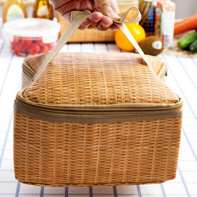 Сламена тъкана водоустойчива термоизолирана чанта Bento Изолирана чанта за обяд за пикник при пътуване Дамска кутия за обяд Natural Pastoral