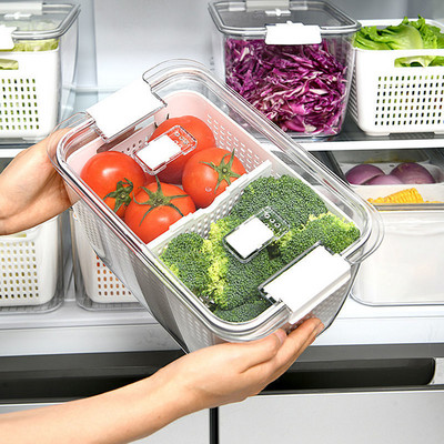 Hűtőszekrény tároló doboz Kétrétegű hűtőszekrény zöldséges gyümölcs dobozok lefolyó kosár fedéllel élelmiszer tartósító doboz konyha rendszerezés