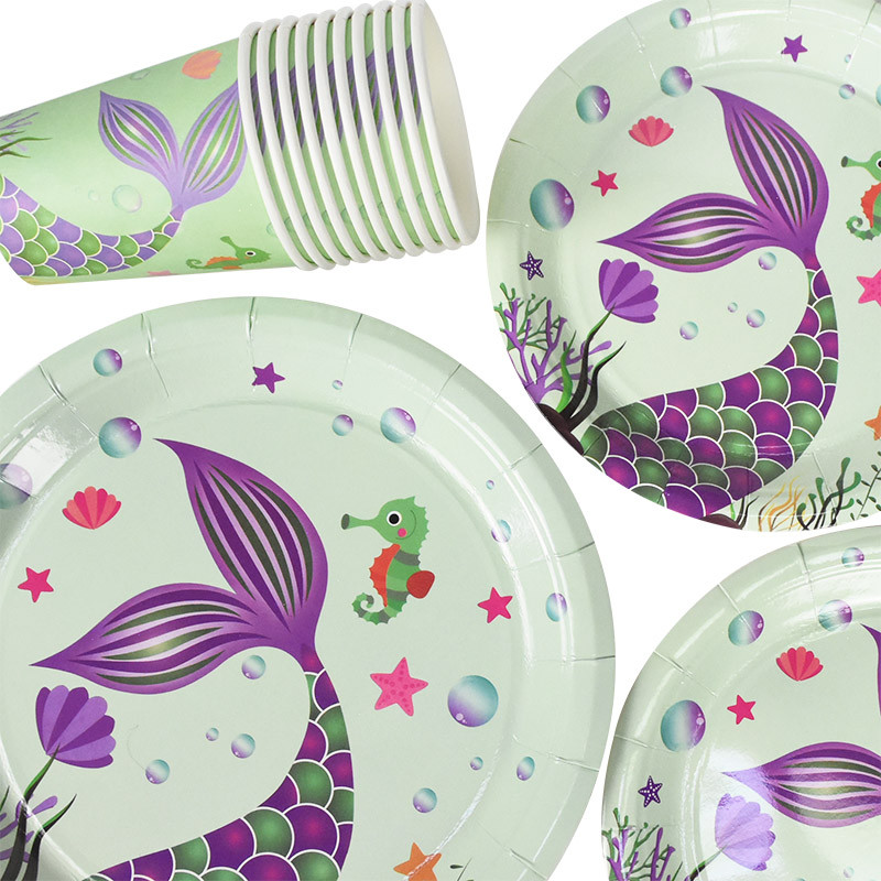 Potrepštine za zabavu sirena Jednokratni komplet posuđa Djevojačka zabava 1. rođendanska zabava Pod morem Tematska zabava Dekoracija blagovaonskog stola
