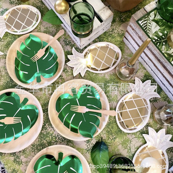 Τροπικό χάρτινο πιάτο για πάρτι Πράσινο φύλλο φοίνικα χρυσός ανανάς Πιάτο μιας χρήσης φύλλο καρπούζι Πετσέτα Χαβάης Luau Διακοσμήσεις για πάρτι