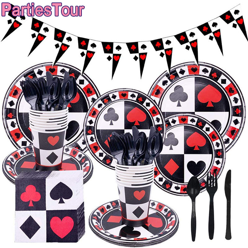 Pokkerimänguteemalised sünnipäevapeotarbed Kasiinoõhtu Ühekordsed lauanõud Taldrikud Salvrätikud Las Vegase teemaline Kasiino peokaunistus