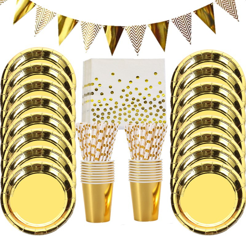 Χρυσά χάρτινα πιάτα μιας χρήσης Φλιτζάνια Ψάθινο χαρτοπετσέτες Σετ σερβίτσια για κέικ για ενήλικες παιδικά είδη πάρτι γενεθλίων Διακόσμηση με χρυσό θέμα
