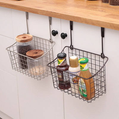 2pcs Behind Over the Door Hanging Storage Basket with Hooks Metal Wire Cabinet Kitchen Pantry Organizer Seasoning Spice Holder