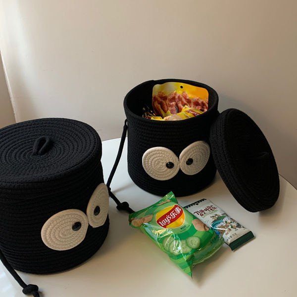 Coș de depozitare drăguț pentru gustări, bomboane, organizator de bijuterii cosmetice țesute din bumbac, cu mâner, ornamente rezistente la praf, coș pentru articole diverse