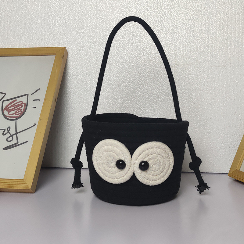 Coș de depozitare drăguț pentru gustări, bomboane, organizator de bijuterii cosmetice țesute din bumbac, cu mâner, ornamente rezistente la praf, coș pentru articole diverse