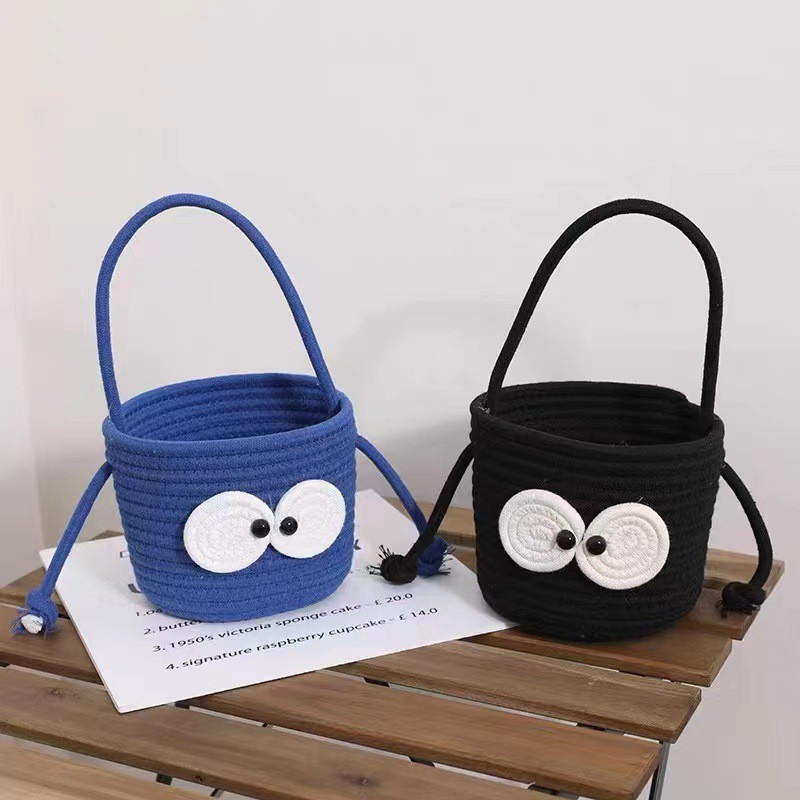 Coș de depozitare drăguț pentru gustări, bomboane, organizator de bijuterii cosmetice țesute din bumbac, cu mâner, ornamente rezistente la praf, coș pentru articole diverse