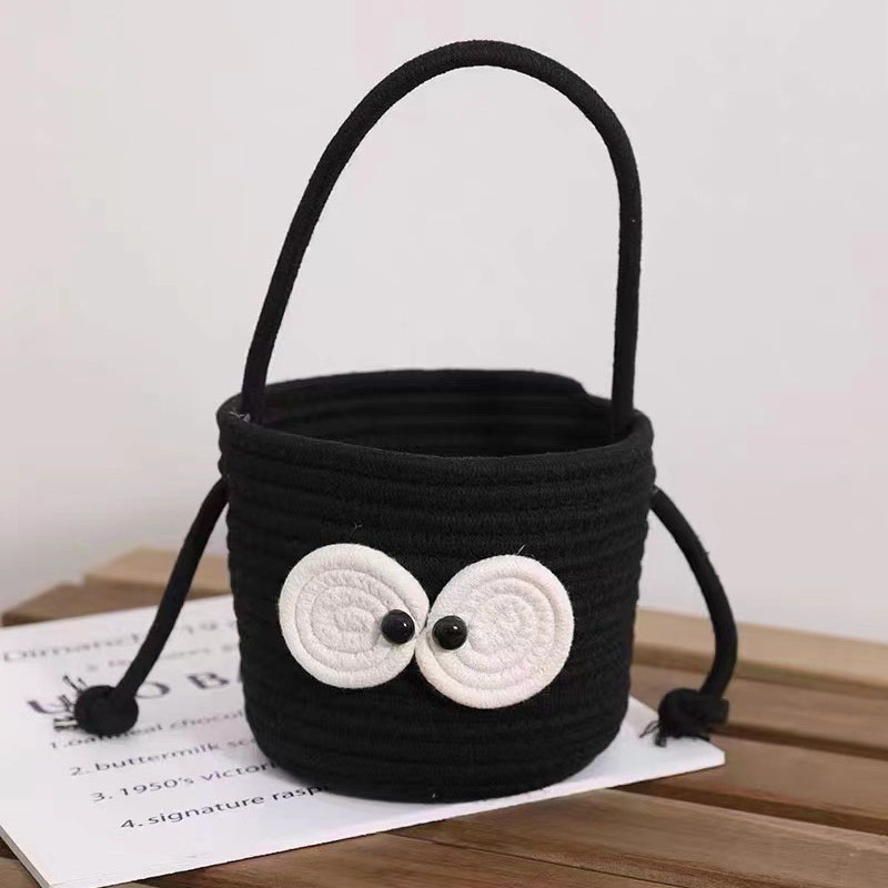 Coș de depozitare drăguț pentru gustări, bomboane, organizator de bijuterii cosmetice țesute din bumbac, cu mâner, ornamente rezistente la praf, coș pentru articole diverse