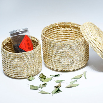 Ръчно изработена сламена кошница за съхранение с капак Органайзер за закуски Настолна кутия за съхранение Кошници за пране Кошница за цветя от ратан