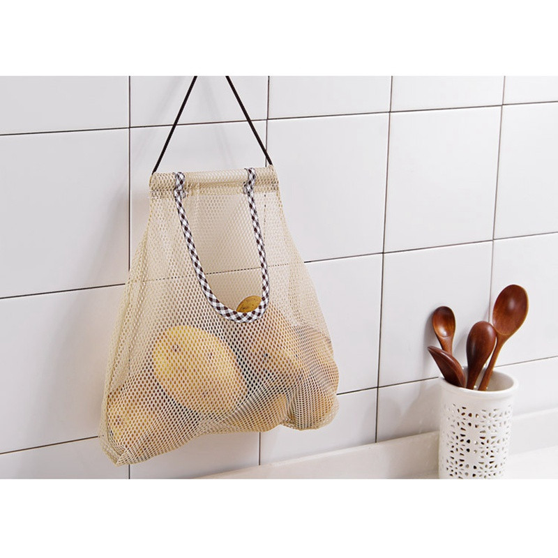 Plasă de plasă bej Saci de depozitare reutilizabile pentru agățat, fructe, legume, usturoi, ceapă, organizator pentru casă, pungă de plasă goală, accesorii de bucătărie