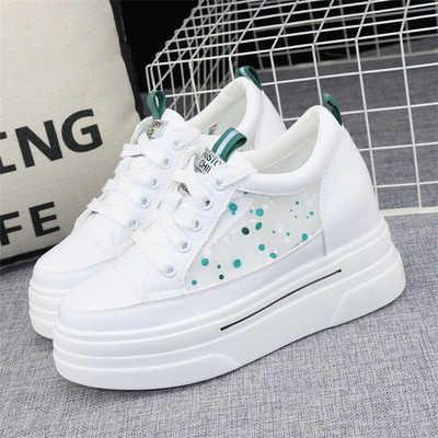 Adidasi moderni de dama confectionati din material respirabil cu sireturi si talpa inalta de 8cm