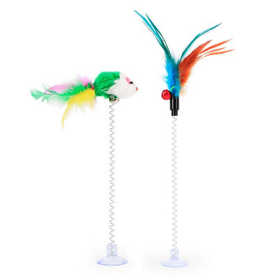 1Pc Funny Interactive Suction Spring Toys Cat Elastic with Bell Spring Color Mouse Feather Sucker Cat Toys Pet Supplies