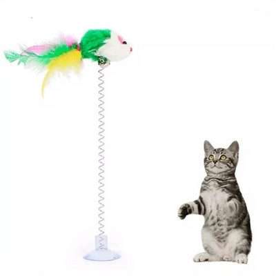 Spring Cat Toy Funny Suction Cup Spring Mouse Feather Pet Toy Multicolored Cat Feather Wand Pet Interactive Cat Toys Supplies