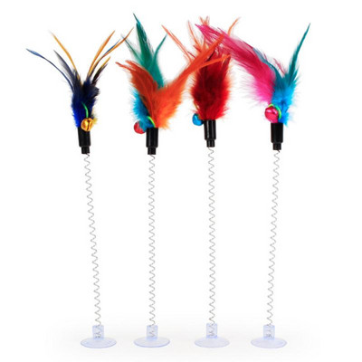 Jucărie pentru pisici de primăvară Ventuză amuzantă Jucărie pentru animale de companie cu pene de șoarece de primăvară Baghetă multicoloră cu pene de pisică Jucării interactive pentru animale de companie