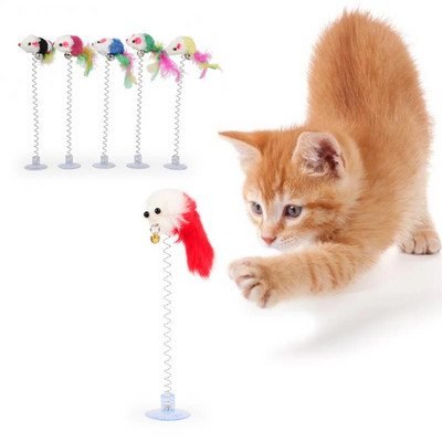 Multicolor Feather Stick Spring Toy Suction With Bell Mouse Cat Interactive Pet Tool Elastic Scratcher Mice Teaser Entertainment