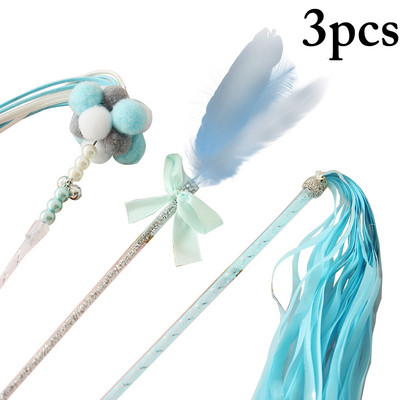 3 ΤΕΜ. Faux Feather Teaser Rad Pom Fairy Bell Kitten Teaser Παιχνίδι γάτα Διαδραστικό παιχνίδι Πλαστικό γατάκι φούντα ραβδί για κατοικίδια