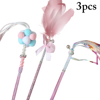 3 ΤΕΜ. Faux Feather Teaser Rad Pom Fairy Bell Kitten Teaser Παιχνίδι γάτα Διαδραστικό παιχνίδι Πλαστικό γατάκι φούντα ραβδί για κατοικίδια
