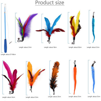 11Pcs Cat Toys Interactive Feather Wand, Kitten Toys Retractable Wod Cat Toy Natural Feather Teaser Replacement with Bell