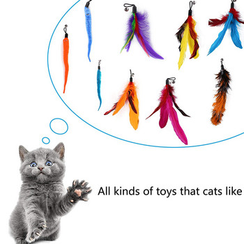 11Pcs Котешки играчки Интерактивна котешка пръчица от пера, играчки за котенца Прибираща се играчка за котешка пръчка Играчка с естествени пера Замяна на закачка със звънец