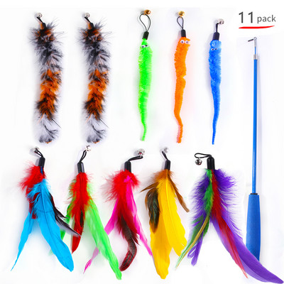 11 kom. Igračke za mačke Interaktivni štapić od mačjeg perja, igračke za mačiće na uvlačenje Igračka za mačji štapić od prirodnog perja Zamjena za zadirkivanje sa zvonom
