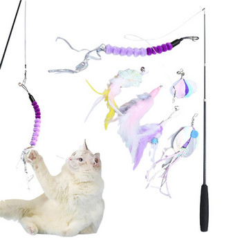 Котешка пръчка, прибираща се, интерактивна, гъвкава закачка за котка, играчка за домашни любимци с 6 бр. пълнители, резервен уловител, продукт за котешки упражнения