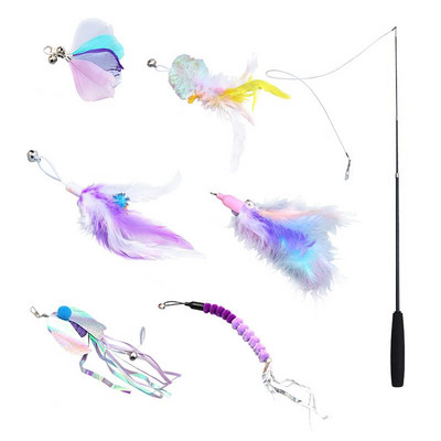 Baghetă pentru pisici, retractabilă, interactivă, flexibilă, jucărie pentru animale de companie, cu 6 bucăți de rezerve, produs de prindere de schimb pentru exercițiul pisicilor