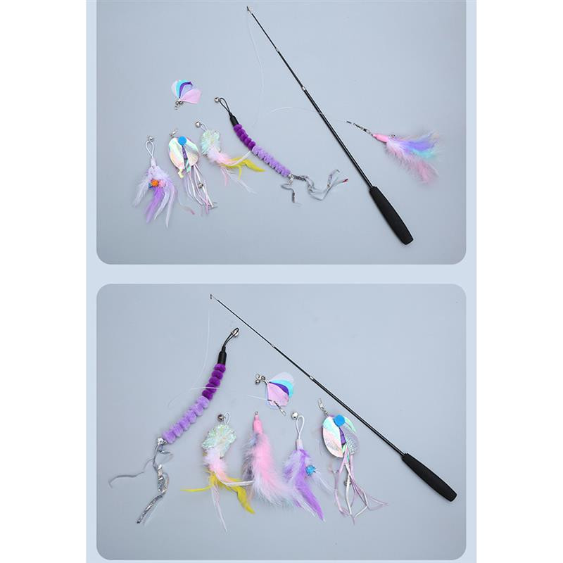 Baghetă pentru pisici, retractabilă, interactivă, flexibilă, jucărie pentru animale de companie, cu 6 bucăți de rezerve, produs de prindere de schimb pentru exercițiul pisicilor