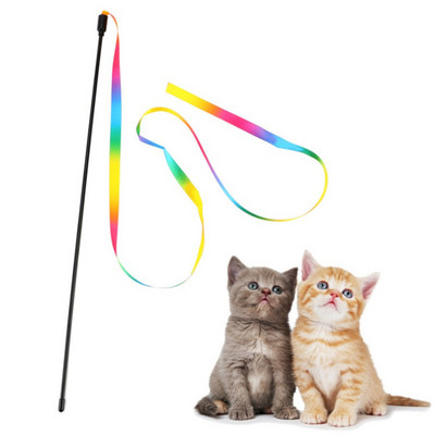 1PC Cat Toys Cute Funny Colorful Rod Teaser Wand Plastic Pet Toys Double-sided Rainbow Ribbon For Cats Interactive Stick Cat