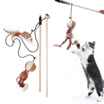 1бр Pet Cat Toy Teaser Multicolor Bird Feather Plush Cat Mouse Rat Wand Cat Catcher Teaser Stick Cat Interactive Ball Toys
