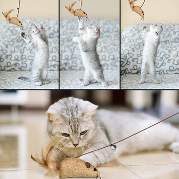 7 τμχ/σετ Funny Cat Teaser Stick Cats Interactive Toys Πολύχρωμα φτερά γατάκι Ξύλινο λινό ποντίκι Stick Tease Cats Toy Προμήθειες