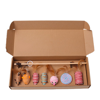 7pcs/set Funny Cat Teaser Stick Cats Interactive Toys Šareno perje Kitten Drveni lan Mouse Stick Tease Cats Igračke