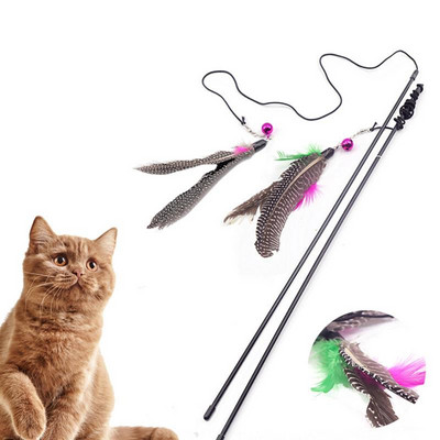 1pc Interactive Cat Toy Stick Feather Wand with Small Bell Mouse Cage Toys Plastic Artificial Colorful Cat Teaser Toy Supplies