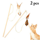 2 τμχ Παιχνίδια τρέιλερ για κατοικίδια γάτας Παιχνίδι με φτερά λινό Ραβδί Cat Catcher Teaser Stick Cat Interactive Toys Ξύλινη ράβδος Ποντίκι Παιχνίδι πουλί