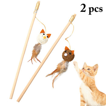 2бр Pet Cat Teaser Toys Feather Linen Wand Cat Catcher Teaser Stick Cat Interactive Toys Wood Rod Mouse Bird Toy