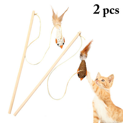 2tk Pet Cat Teaser mänguasjad Sulg Linane võlukepp kassipüüdja Teaser Stick Cat Interaktiivsed mänguasjad Puust Rod hiire linnu mänguasi