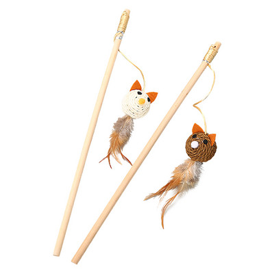 2 τμχ Παιχνίδια τρέιλερ για κατοικίδια γάτας Παιχνίδι με φτερά λινό Ραβδί Cat Catcher Teaser Stick Cat Interactive Toys Ξύλινη ράβδος Ποντίκι Παιχνίδι πουλί