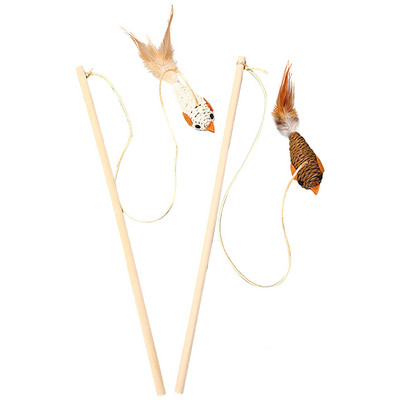 2 τμχ Παιχνίδια τρέιλερ για κατοικίδια γάτας Παιχνίδι με φτερά λινό Ραβδί Cat Catcher Teaser Stick Cat Interactive Toys Ξύλινη ράβδος Ποντίκι Παιχνίδι πουλί