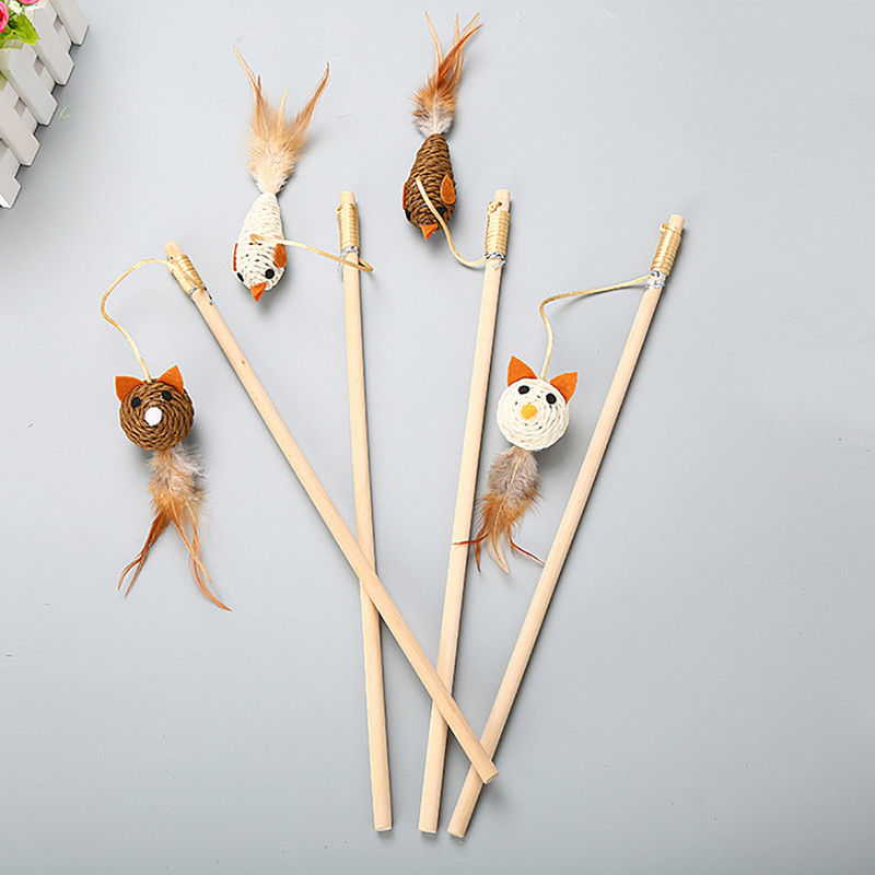 2 τμχ Παιχνίδια τρέιλερ για κατοικίδια γάτας Παιχνίδι με φτερά λινό Ραβδί Cat Catcher Teaser Stick Cat Interactive Toys Ξύλινη ράβδος Ποντίκι Παιχνίδι πουλί