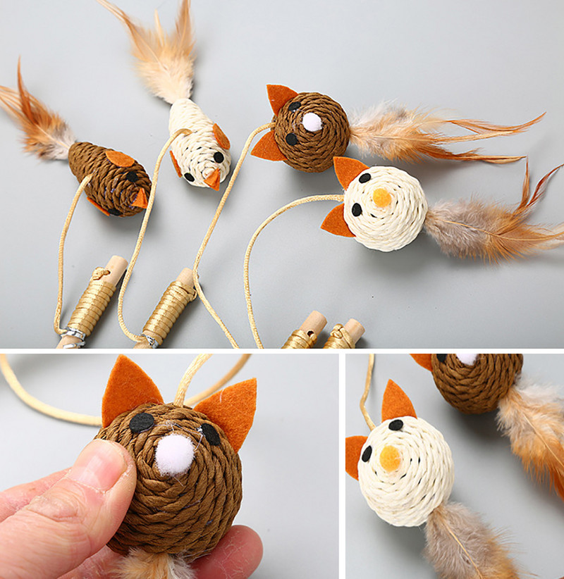 2 τμχ Παιχνίδια τρέιλερ για κατοικίδια γάτας Παιχνίδι με φτερά λινό Ραβδί Cat Catcher Teaser Stick Cat Interactive Toys Ξύλινη ράβδος Ποντίκι Παιχνίδι πουλί