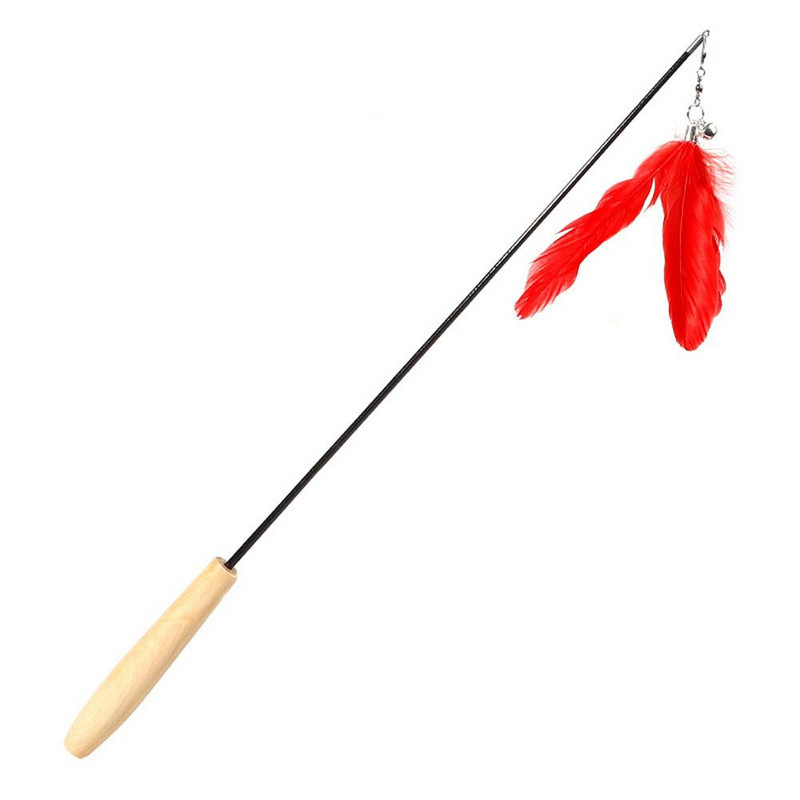 Αστείο Τηλεσκοπικό Ραβδί Γάτας με φτερά με καμπάνες, ξύλινη λαβή, ράβδος από ανθρακόνημα, ραβδί παιχνιδιού, προμήθειες για κατοικίδια