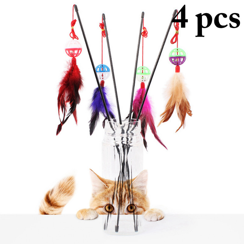 4PCS Gradient Boja Perje Plastično zvono Lopta Smiješna mačja štapić Štapić Lažno pero Bell Kitten Interaktivna igračka Igračka za zadirkivanje mačaka