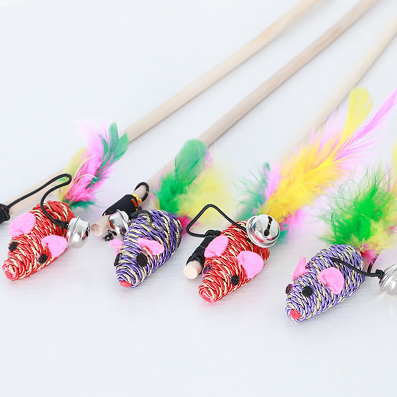 Mačka Igračka Mačka Mouse Wand Drveni stup Igračke za mačke Lažno perje Kitten Teaser Toy Pet Wand Igračka sa zvonom Potrepštine za kućne ljubimce