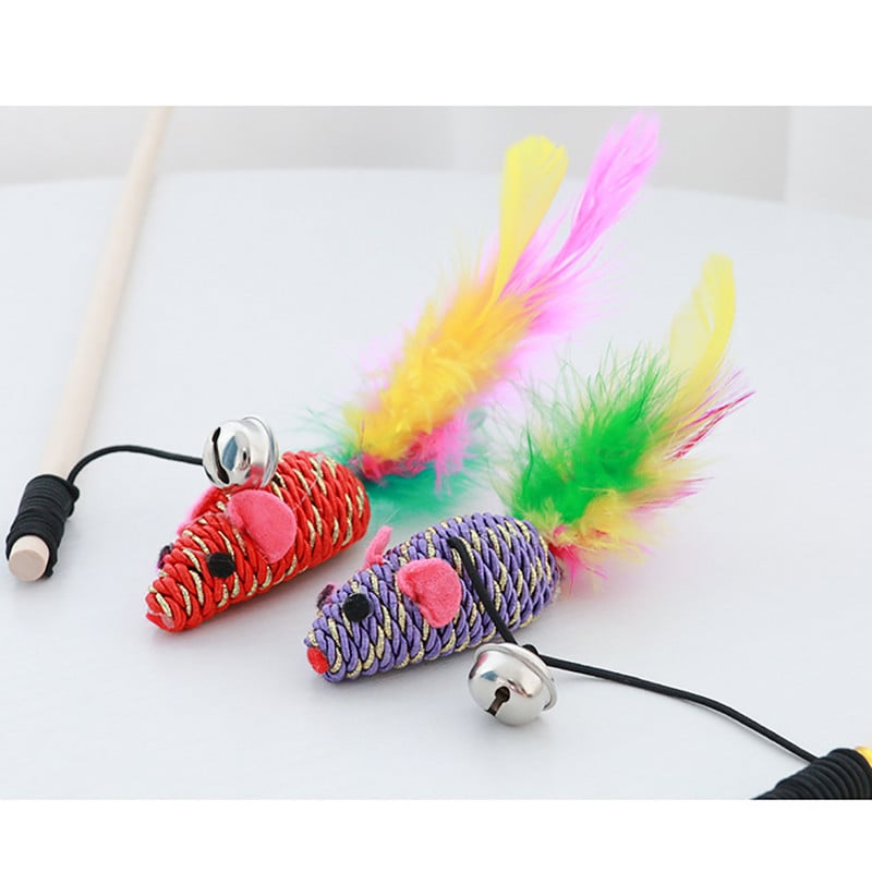 Mačka Igračka Mačka Mouse Wand Drveni stup Igračke za mačke Lažno perje Kitten Teaser Toy Pet Wand Igračka sa zvonom Potrepštine za kućne ljubimce