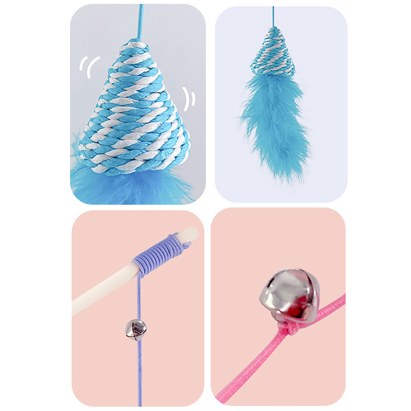 Interaktiivne lilla kassi võlukepp Lõbus võltssulgedest puidust varras koos kellukese kassipoega Lemmiklooma õrritaja mänguasi Kass mängib naljakat portselanist mänguasja