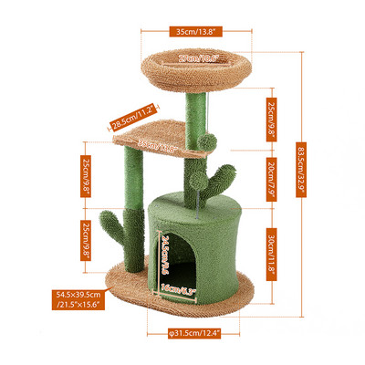 Cat Tree Tower Katės namas su draskytu stulpu Mieli kaktusų žaidimo namų baldai su Condo Nest Mordern Pet Scratcher