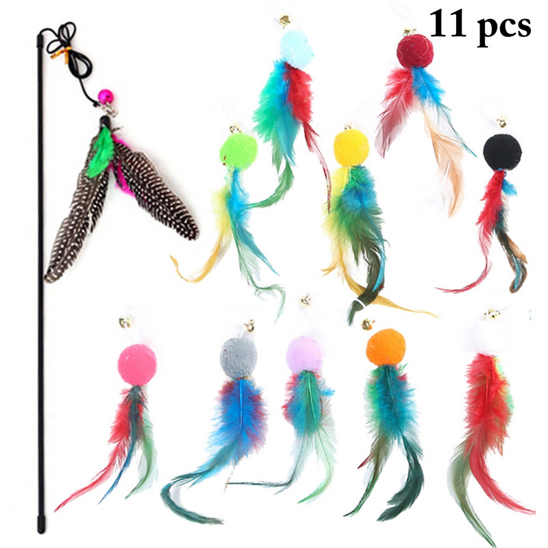 Legendog Cat Wand Igračka s 10 komada zamjenskih igračaka s mačjim perjem Set igračaka s mačjim perjem Teaser Wand Loptica za mačiće Smiješne igračke za igranje
