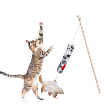 Котешки интерактивен стик Отличен регулируем котешки закачка стик Pet Cat Kitten Teaser Wand Feather Toy Аксесоари за домашни любимци
