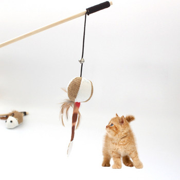 Cat Toys Παιχνίδια εκπαίδευσης για φτερά ποντικιού μπάλα για πείραγμα γατούλα Διαδραστικό ξύλινο ραβδί ελαστικό σχοινί παιχνίδια για κατοικίδια