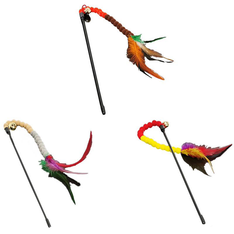 Baghetă interactivă de tachinare pentru pisici, jucărie interactivă de pisicuță falsă cu pene, cu clopoțel, minge de pluș colorată, băț pentru pisici, jucărie amuzantă pentru pisici